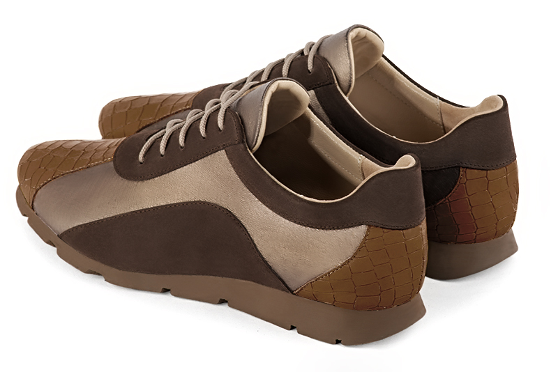 Caramel brown and copper gold women's three-tone elegant sneakers. Round toe. Flat rubber soles. Rear view - Florence KOOIJMAN